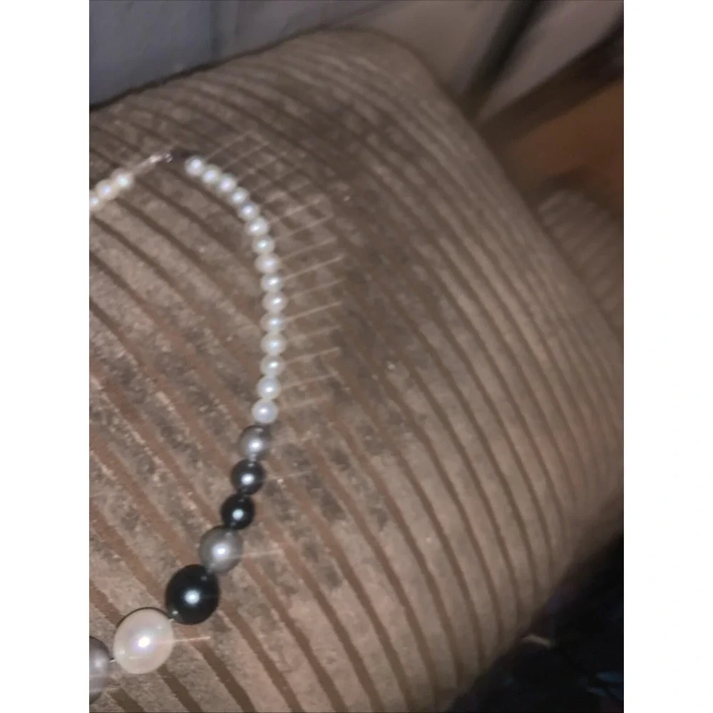 Cultured Ombre Large Pearl Necklace 925 Sterling Silver Beaded Grey Black White